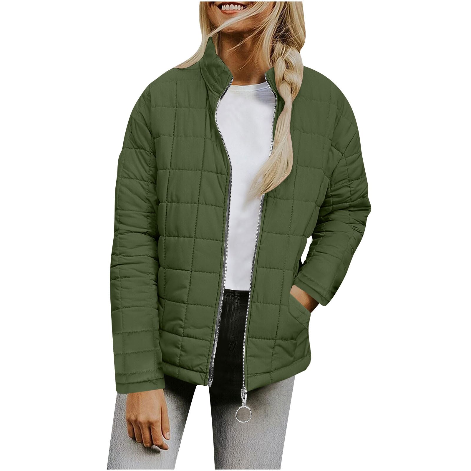 Doudoune matelassée pour femme - Manteau d'hiver chaud et rembourré à manches longues et à col montant - Fermeture éclair - Coupe-vent - Coupe ample - Pour randonnée, voyage, marche