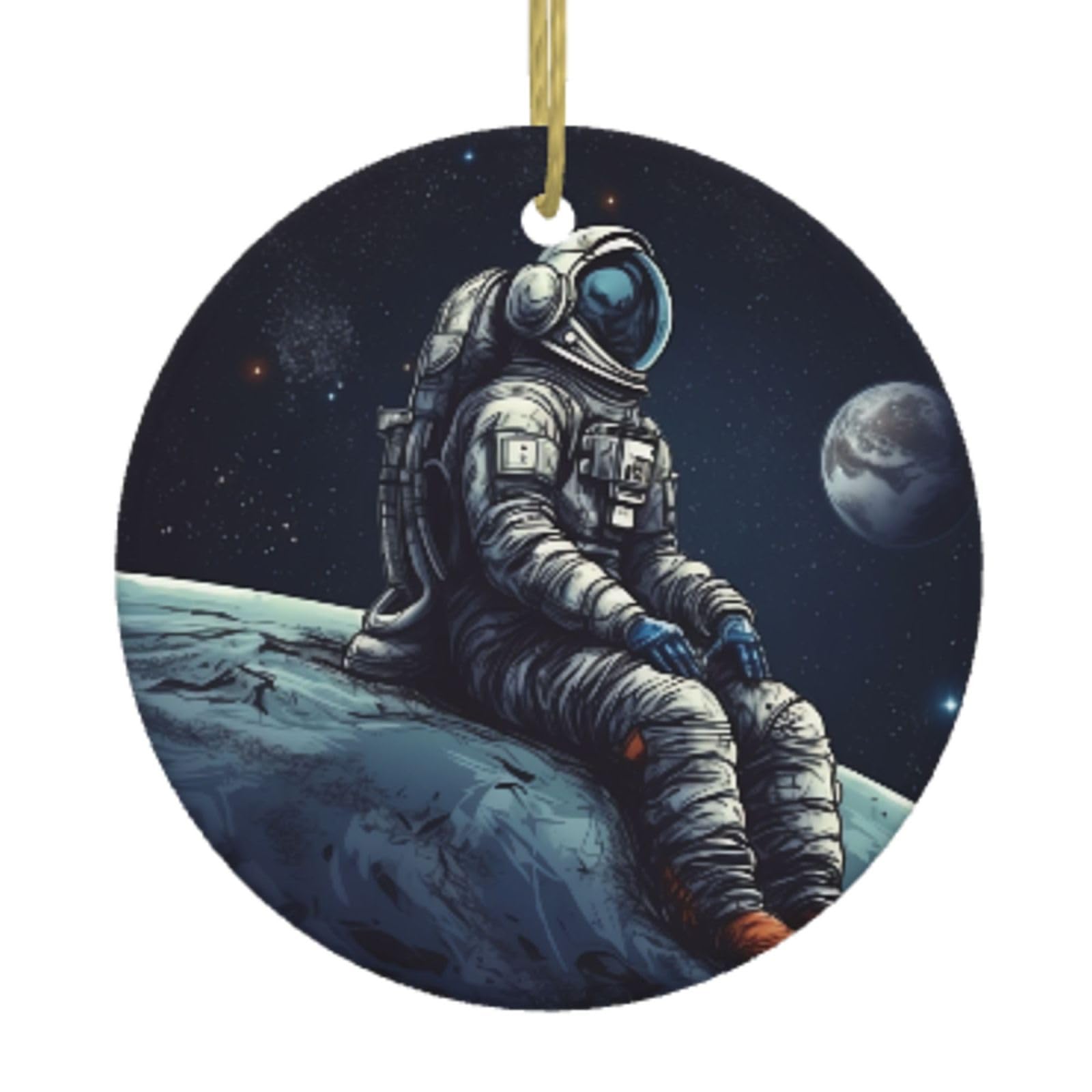Ceramic Christmas Tree Hanging Ornaments with Gold Ropes Christmas Tree Decorations Round Ceramic Astronaut Space Pendant Keepsake Decorations for Holiday Xmas Gift Ideas