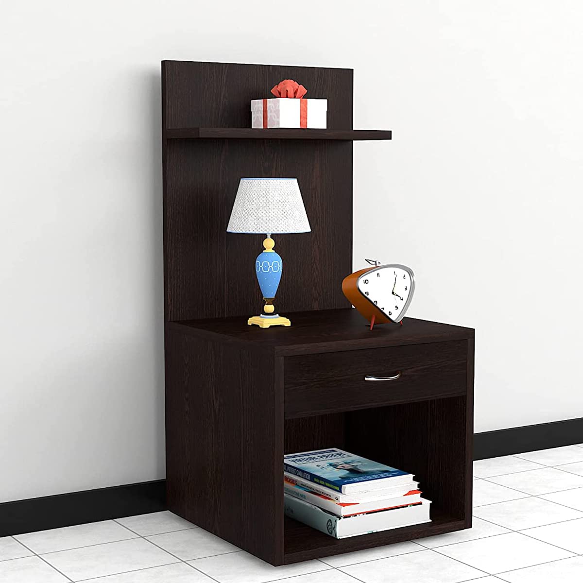 Kawachi Engineered Wood 2 Storage Shelf with Drawer Sofa Side Bedside Table with Open Cabinet Nightstand End Table for Home, Bedroom, Living Room Wenge Brown 1