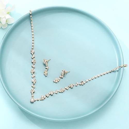 Vista 5 de Yean Juego de collar y aretes de novia de plata para novia, juego de joyas de boda de cristal, gargantilla de diamantes de imitación para mujeres