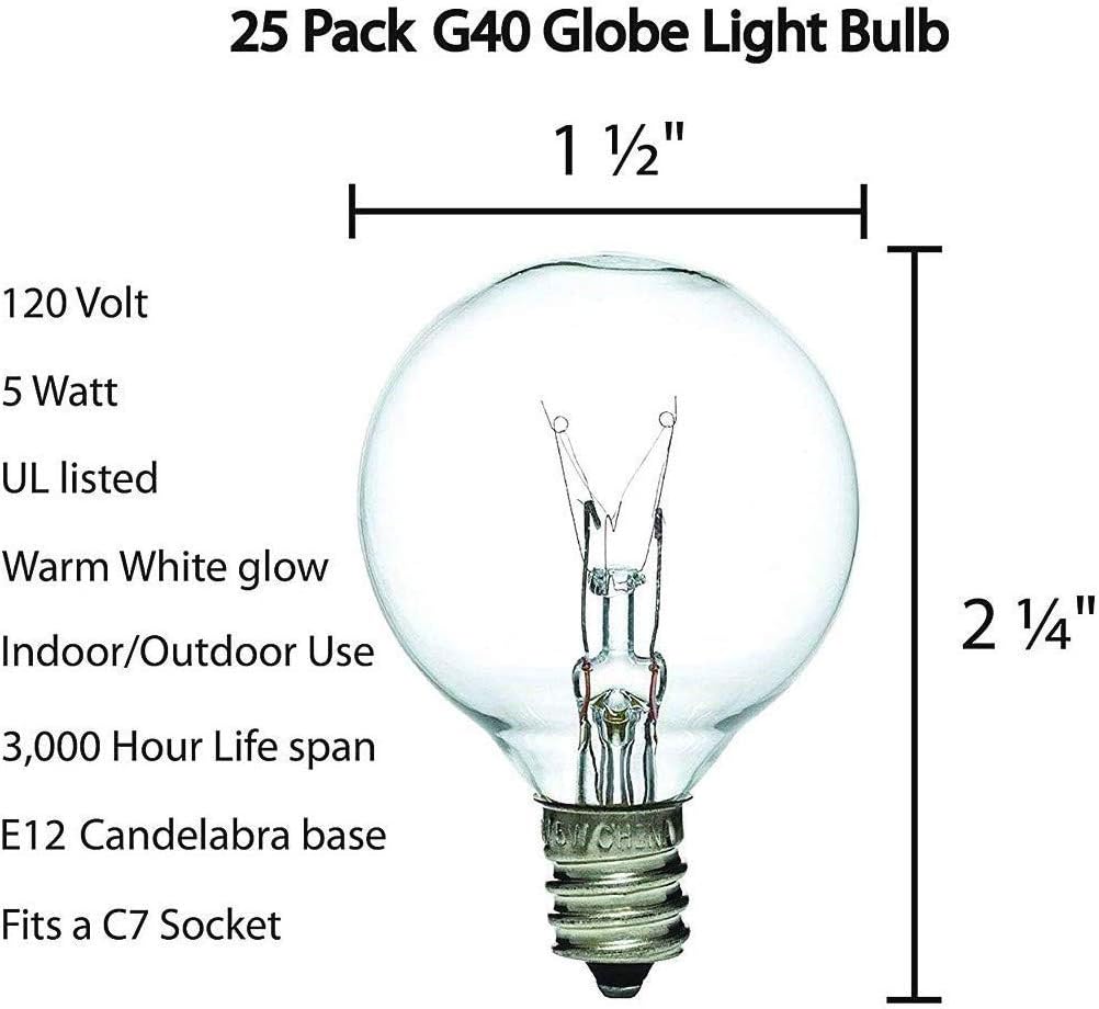 Romasaty G40 Replacement Bulbs,Globe Clear Screw Base Replacement Outdoor Light Bulbs,UL Listed for Indoor/Outdoor,1.5-Inch,5Watts/110V/E12 Base,25 Pack
