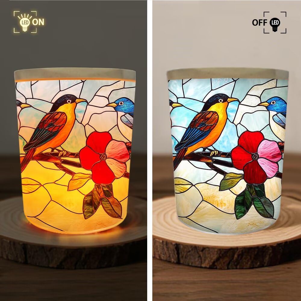 Photophore en verre teinté en forme d'oiseaux en forme de fleur pour centres de table, maison, anniversaire, Noël, fête, photophore à piles pour couple, maman, meilleure amie