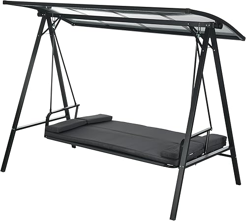 Outsunny Silla de columpio de 3 plazas para patio, columpio al aire libre convertible con cojines, toldo de policarbonato ajustable para porche,