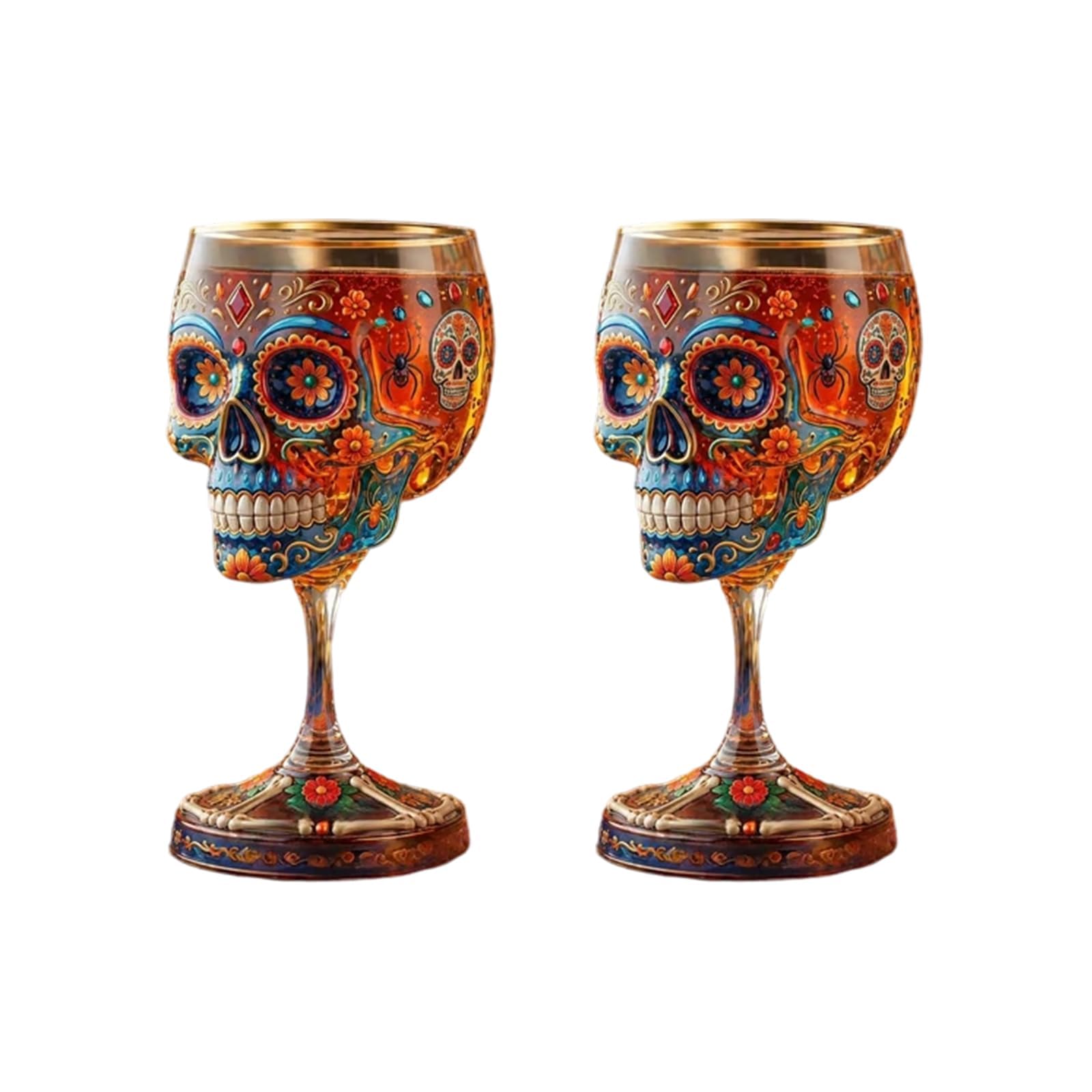 Day of the Dead Sammlerkelch, limitierte Auflage, Kunstglas, Totenkopf-Weinglas, Skelett-Blumen-Kelch, bunte Totenkopf-Tasse mit Blumenmuster, Gothic-Totenkel, Weinkelch für Zuhause, Bar, Halloween, 2