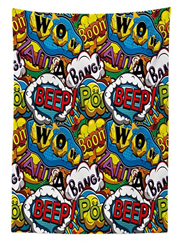 Ambesonne Superhero Tablecloth, Comics Speech Bubbles Beep Wow With Vivid Old Effects Boys Supernatural Print, Rectangular Table Cover For Dining Room Kitchen Decor, 52" X 70", Blue Red #TOP1