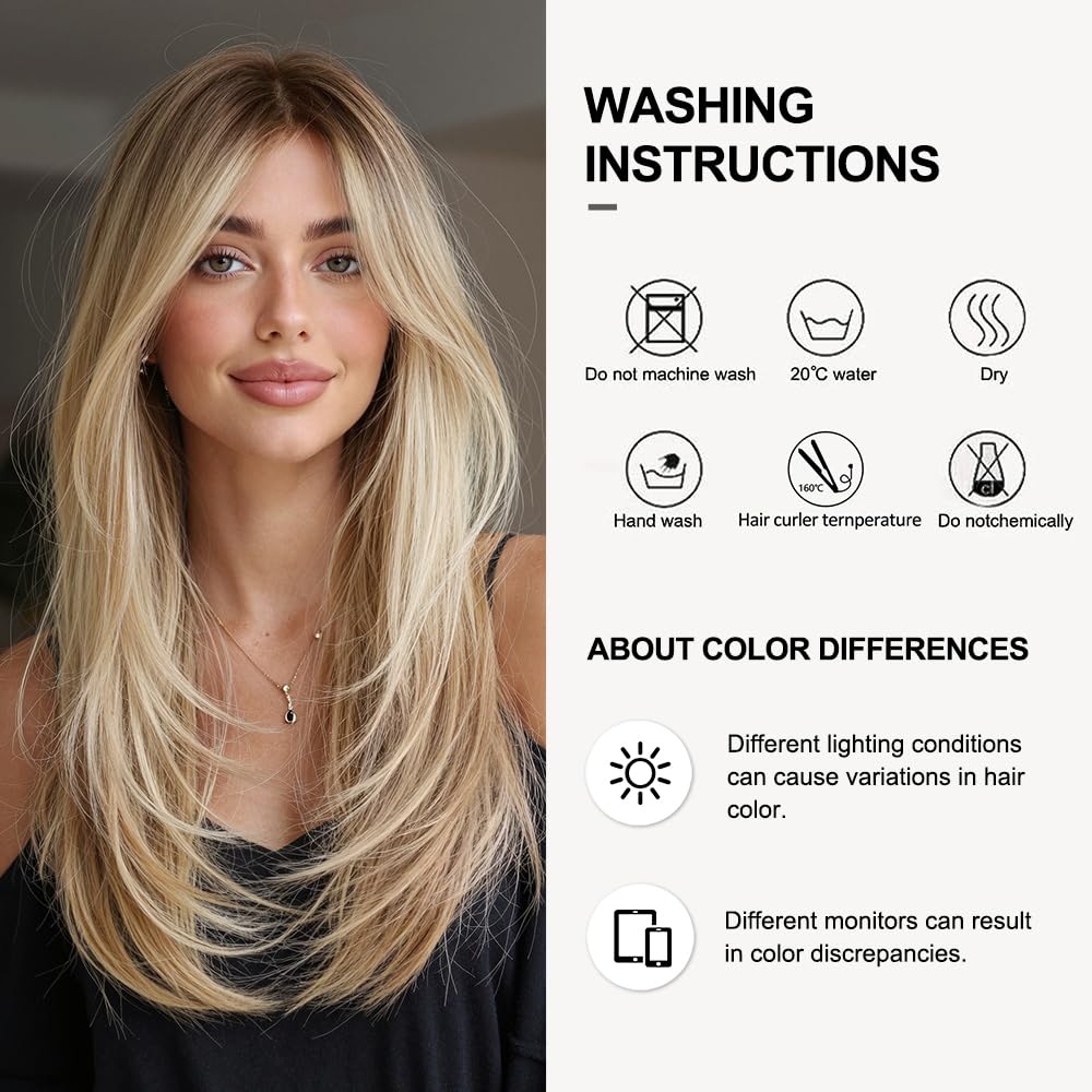 Perruques Blondes pour Femmes Perruque Longue Et Droite avec Franges Cheveux Synthétiques Dégradés avec Racines Foncées pour Un Usage Quotidien Et Festif
