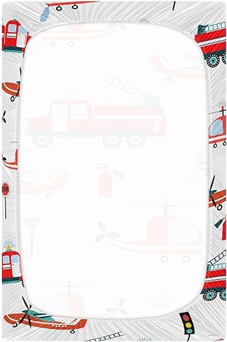 Miniatura 4 de Pfrewn Crib Sheets for Boys Girls Fire Trucks Helicopter Airplane Fitted Crib Sheet for Mini Crib Mattress Stretch Soft Toddler Baby Playard Sheet,