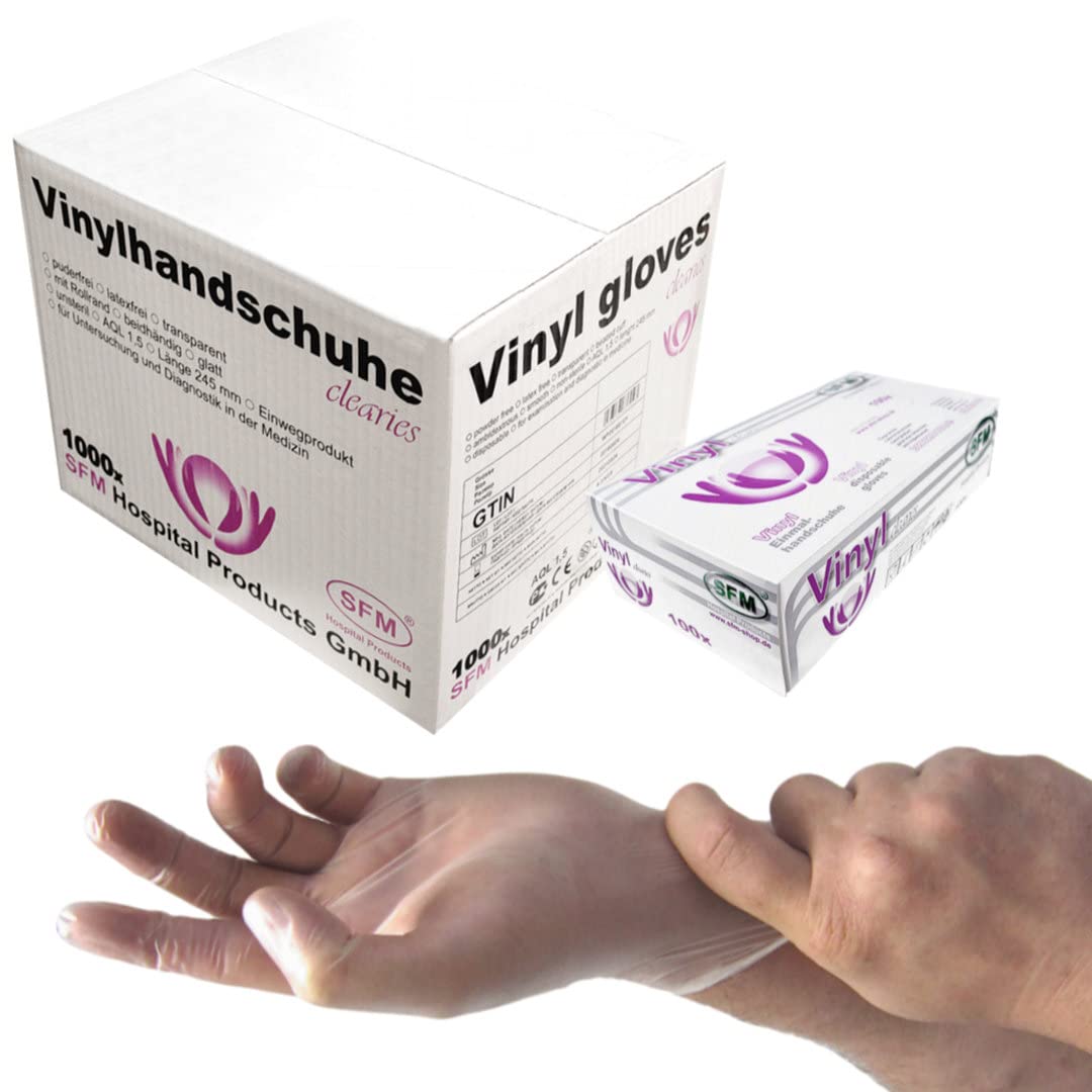 SFM ® CLEARIES Vinyl : S, M, L, XL klar puderfrei Einmalhandschuhe Einweghandschuhe Untersuchungshandschuhe Vinylhandschuhe L (1000)