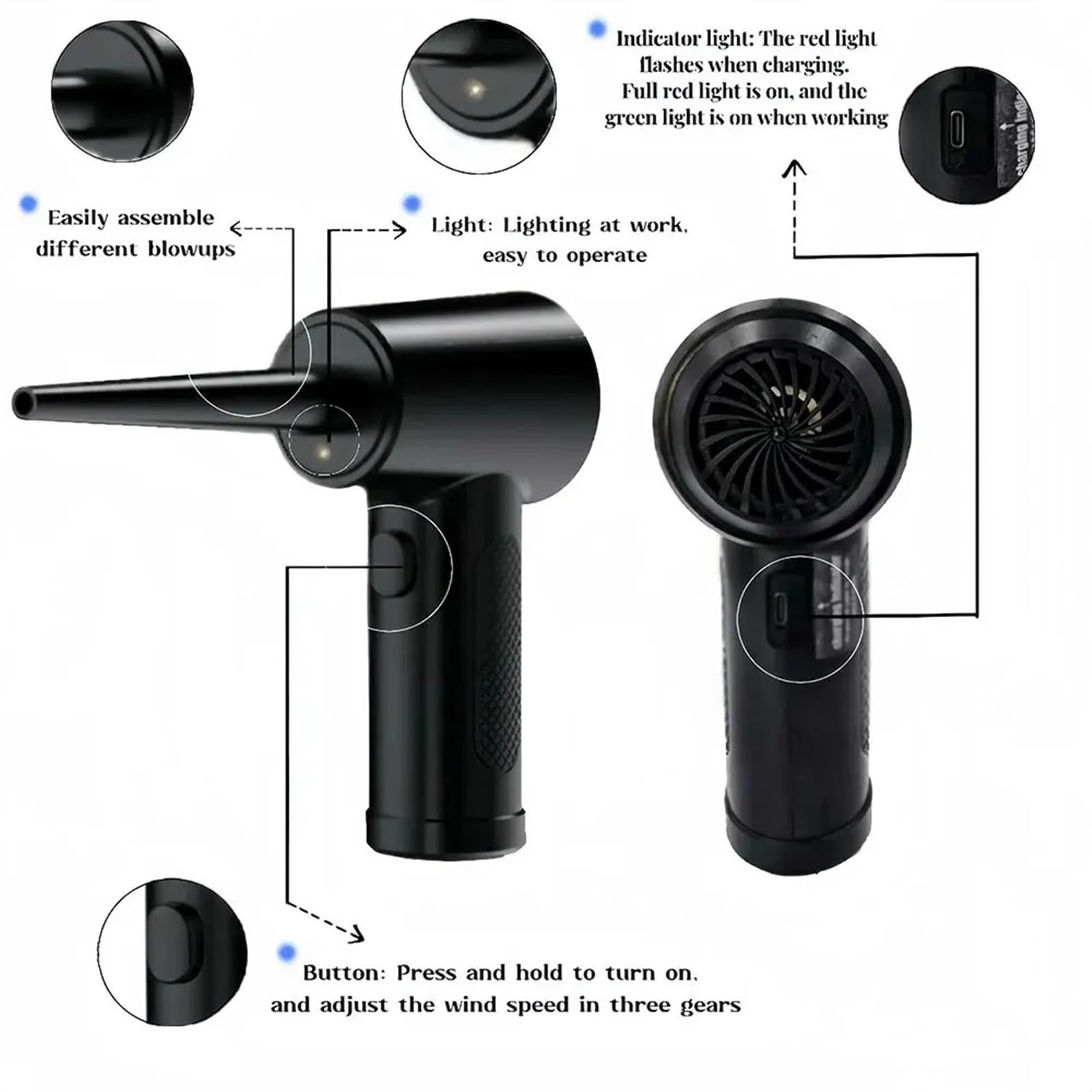 Dépoussiéreur électrique Souffleur de poussière Portable Multifonctionnel Double Usage Voiture et Maison Ménage Quotidien sans Fil, Haute Vitesse