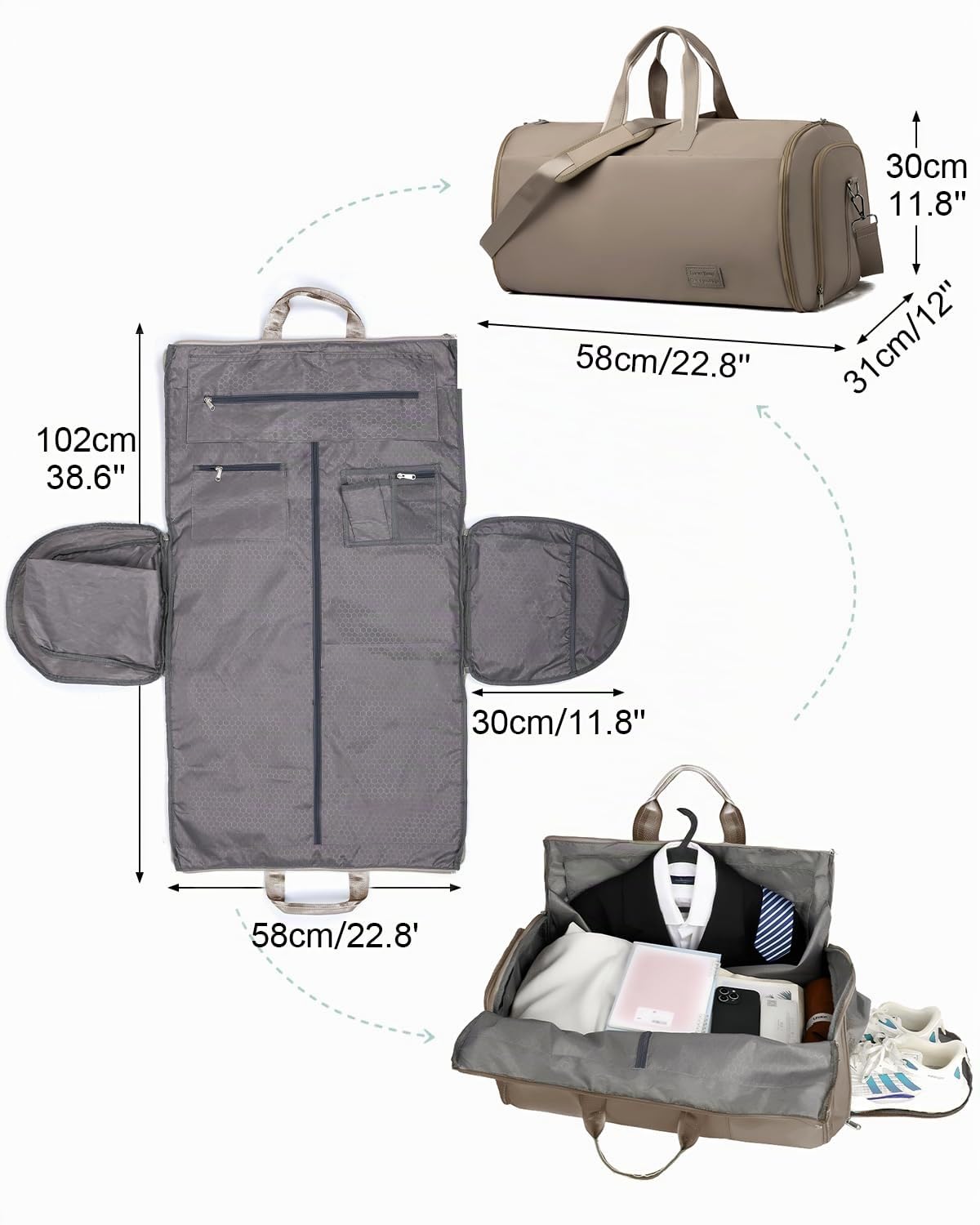 47L Borsa da Viaggio Pieghevole Uomo Donna, Borsa Porta Abiti Grande con Scomparto per Scarpe, Borse Sportivo Multitasche con Tracolla per Fine Settimana, Cachi