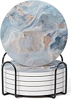 Hoomey Abstract Blue Marble Coasters Set of 6 with Holder - Absorbent Ceramic Drink Coasters, Cork Backing for Table Protection, Ideal Housewarming Gift