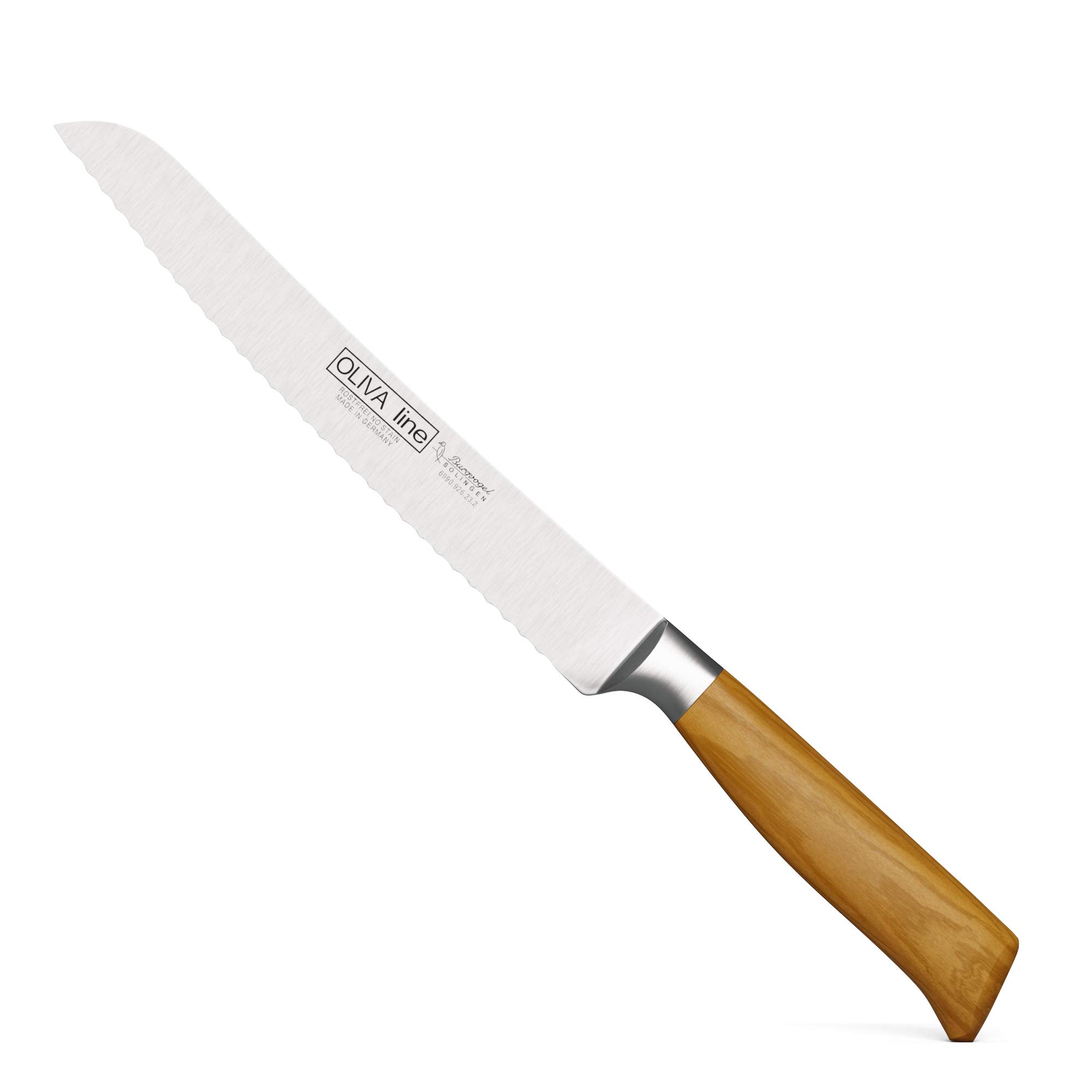 Burgvogel Solingen Brotmesser 23 cm geschmiedet Olivenholz, Oliva Line, Wellenschliff, rostfrei, hell, scharf, braun beige, 6990.926.23.2