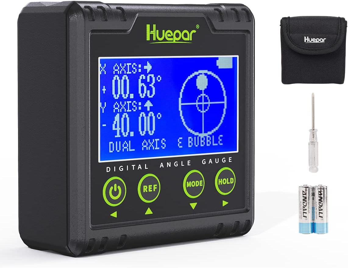 Huepar Digital Angle Gauge Protractor, Electronic Bubble Angle Finder Dual Axis Level Box 0.01°Resolution V-Groove Magnetic Base&LCD Inclinometer Bevel Gauge with Audible Alert -Measures 0~360°