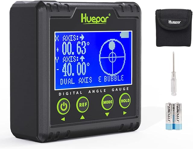 Huepar Digital Angle Gauge Protractor, Electronic Bubble Angle Finder Dual Axis Level Box 0.01°Resolution V-Groove Magnetic Base&LCD Inclinometer Bevel Gauge with Audible Alert -Measures 0~360°AG03