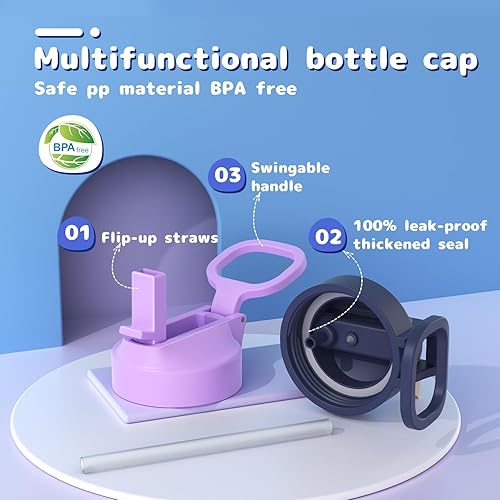 Miniatura 3 de Botella de agua para niños, paquete de 2 botellas de agua de 16 onzas para niños con popote y calcomanías, taza aislada al vacío de doble pared de