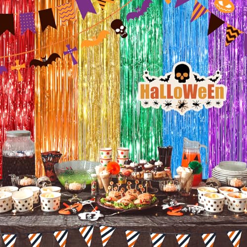 Image of Rainbow Metallic Tinsel Foil Fringe Curtains Backdrop 2Pack 3.3x8.3Ft Party Streamers for Birthday Party Decorations Halloween Christmas Decors Foil Curtain Backdrop for Bachelorette Bridal Party