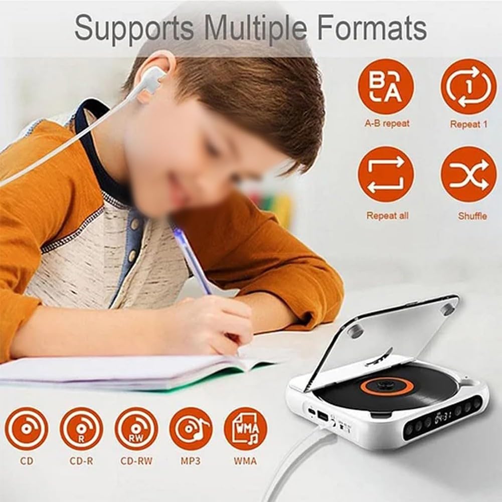 Lettore CD portatile con suono -Fi, batteria ricaricabile, riproduzione wireless e cablata, per design compatto, per auto da casa, viaggi, bianco, nero, rosa, verde
