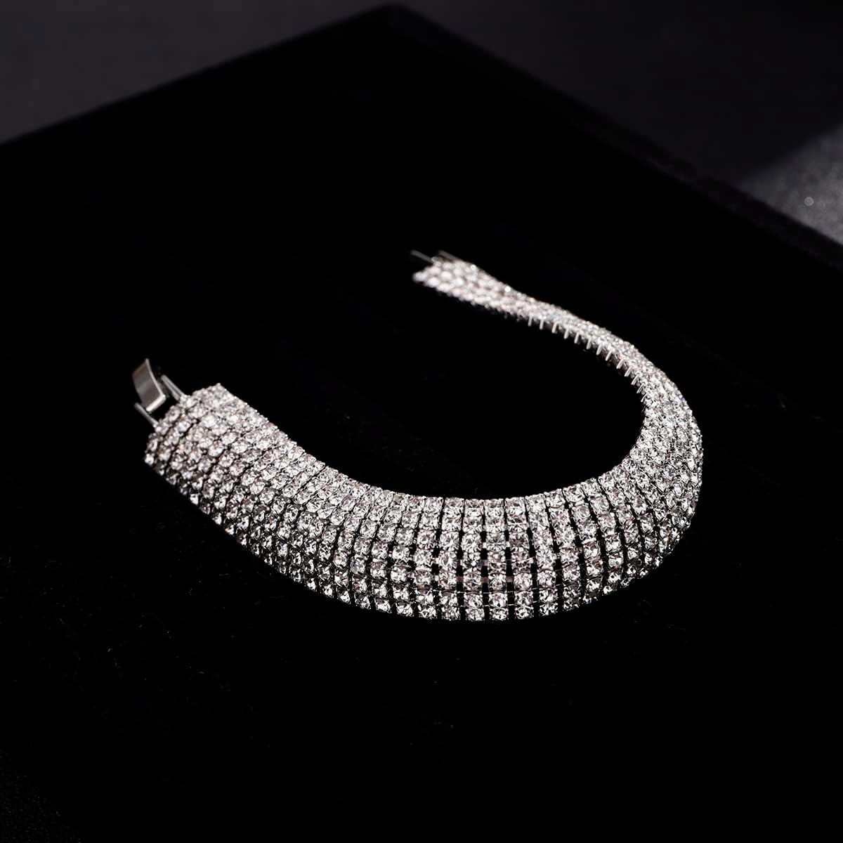 Xerling Full Rhinestones Bracelets Silver and Gold Crystal Cluster Wide Bangle Bracelets for Women Multi-layered Tennis Chain Bracelets (Type B Silver) image 4