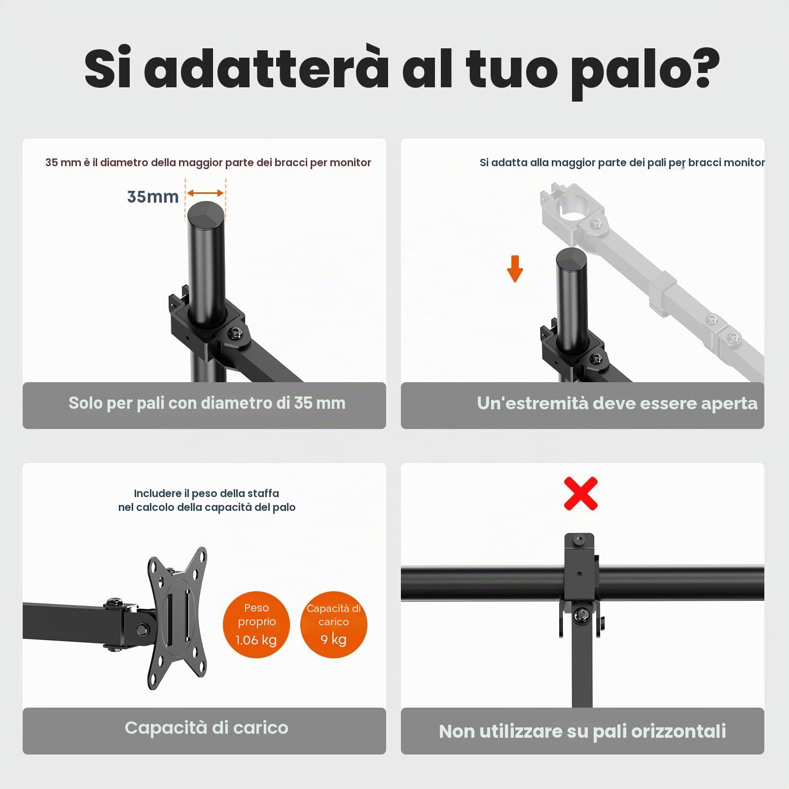 PUTORSEN Braccio singolo per monitor da 17-32" per supporto da scrivania, braccio per monitor completamente regolabile per 1 schermo, carico massimo 19,8 bs, VESA 75 x 75 mm e 100 x 100 mm, nero