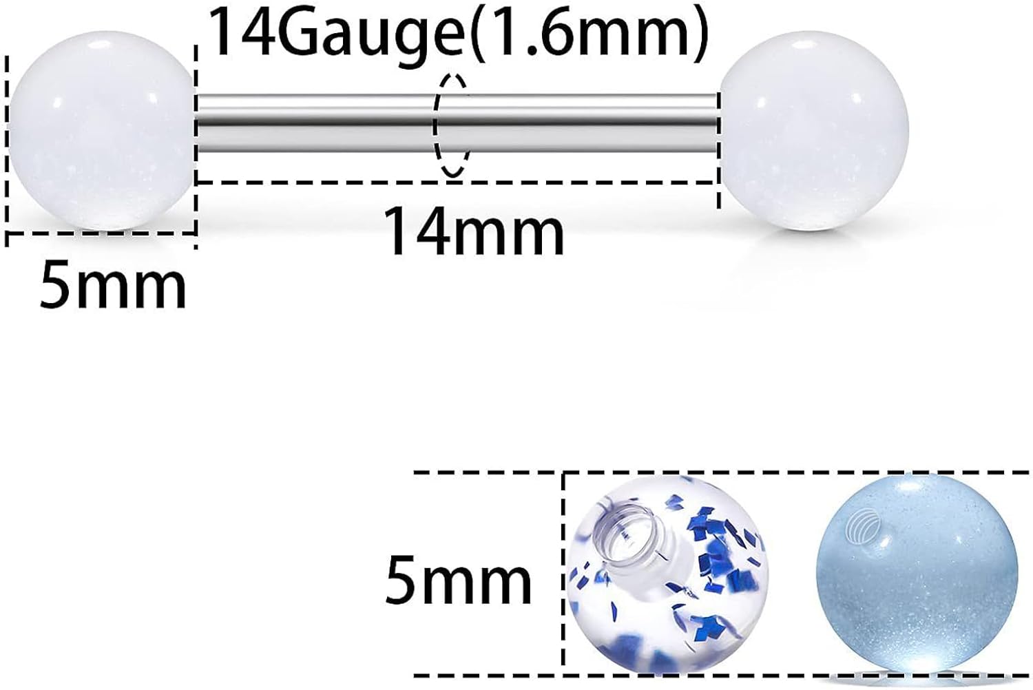 12 Pcs 14G Glow in Dark Nipple Rings and 48 pcs Replacement Balls Stainless Steel 316L Straight Tongue Ring Barbells Acrylic Nipple Piercing Jewelry Set for Women Men 16mm Bar - Image 2