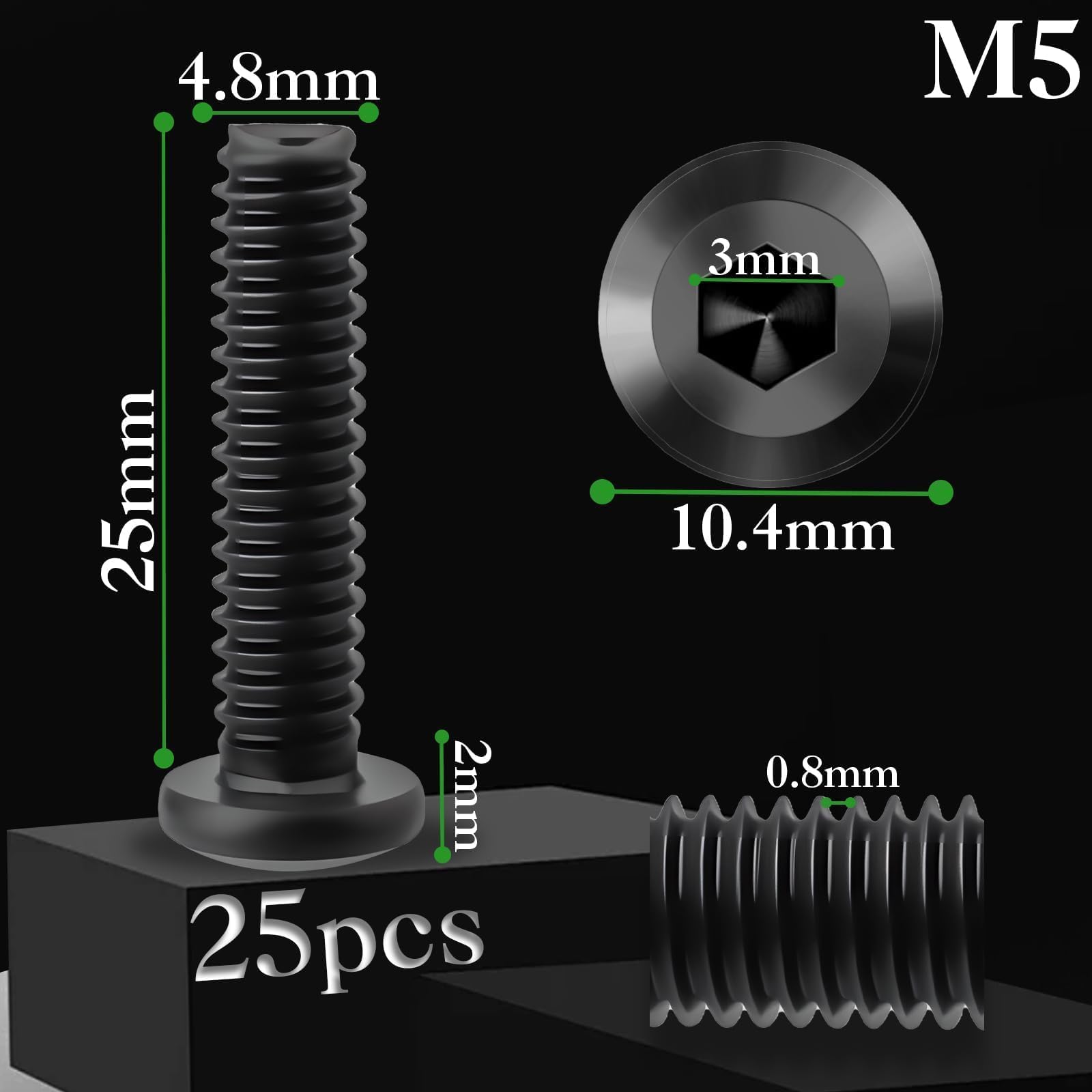 Pyroclasia M5 Bolts 25 Pcs M5 X 25 mm Flat Head Allen Bolts 304 Stainless Steel Black Furniture Screw Long Bolt Fully Thread with Hex Key for Furniture Assembly Machinery Industry - Image 2