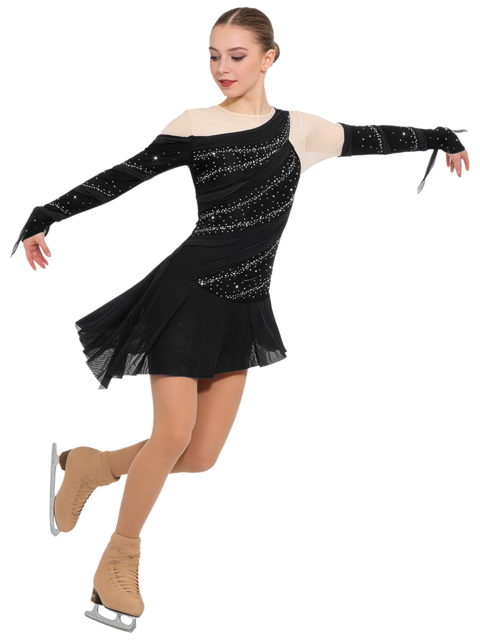 Hedmy Vestido de Patinaje Artístico sobre Hielo Mujer Competición Maillot con Falda Ballet de Gasa Leotardo Gimnasia Vestido de Baile Contemporáneo