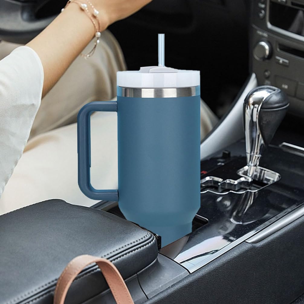 Tazza termica da 1200 ml con cannuccia, manico e coperchio, a doppia parete, in acciaio inox, per auto, ufficio, caffè, acqua e tè (viola