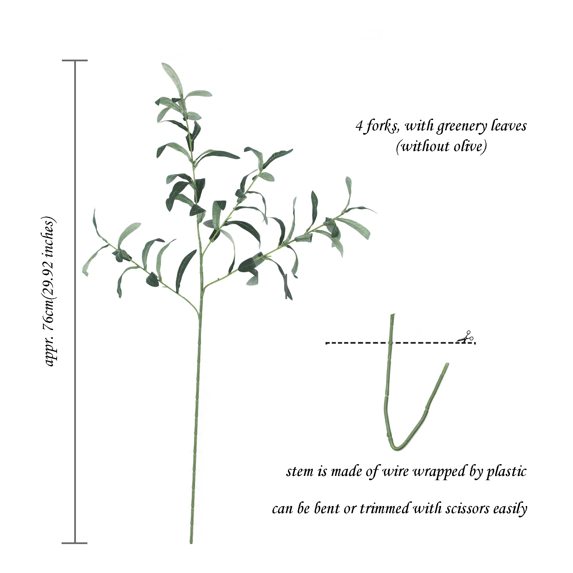 Künstliche Olivenbaumzweige, künstliche grüne Blätter mit langen Stielen, dekoratives künstliches Laubpflanze, Blumenarrangement für drinnen und draußen, 4 Stiele (76 cm ohne Olive)