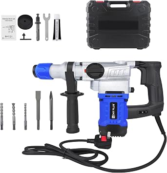 1800W Heavy Duty Rotary Hammer Drill, Corded Rotary Electric Hammer Drill Impact Drill Kit, 4 Functions, Drill, Chisel, Rotation, Hammer, 6 Speeds, 3Pcs Drill Bits and 2Pcs Chisel with Case