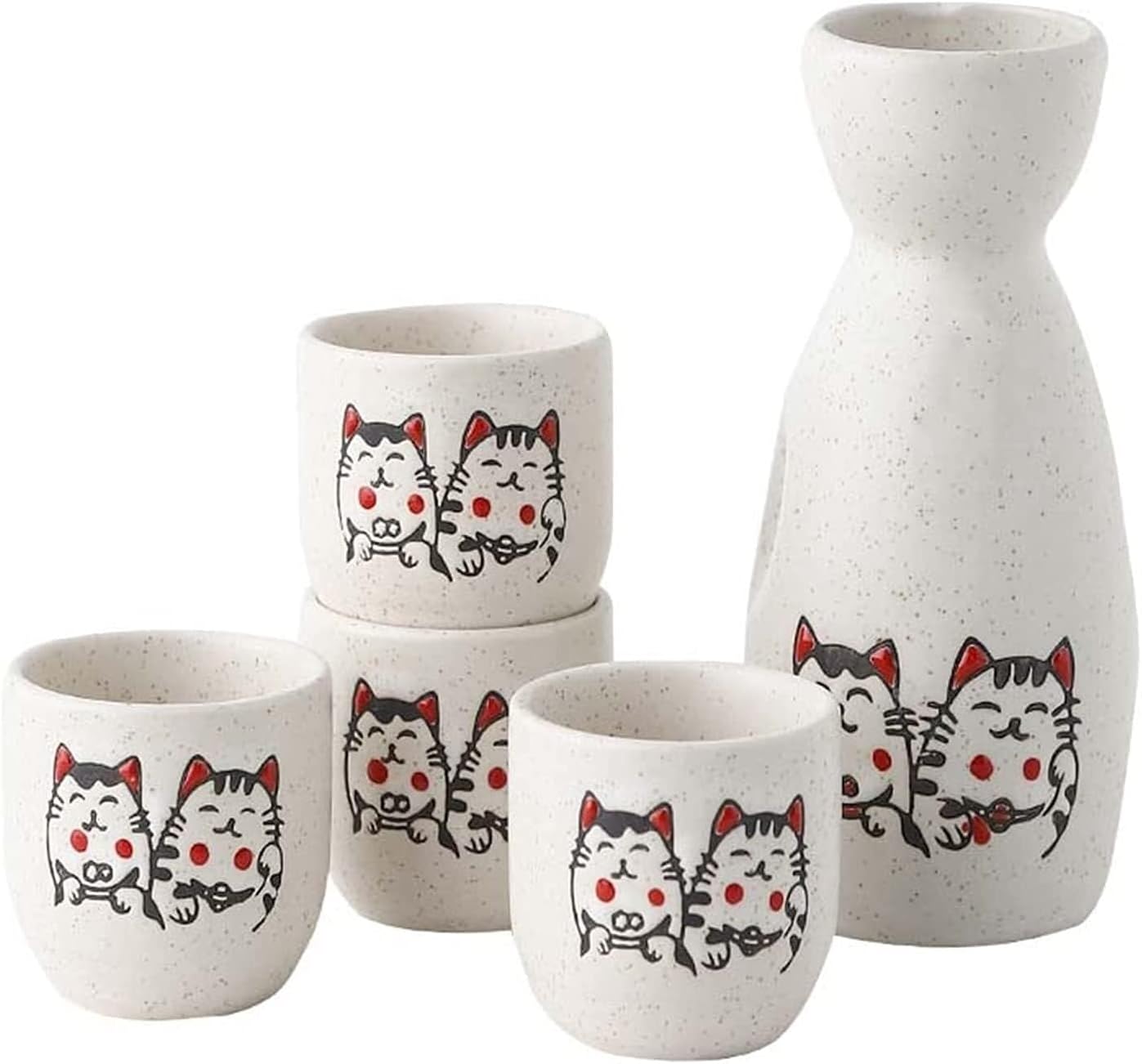 Japanese Ceramic Sake Set With Lucky Cat Design, 1 Wine Bottle & 4 Wine Cups, Gift Boxed, Hand-Painted Porcelain, Unique Gift Idea