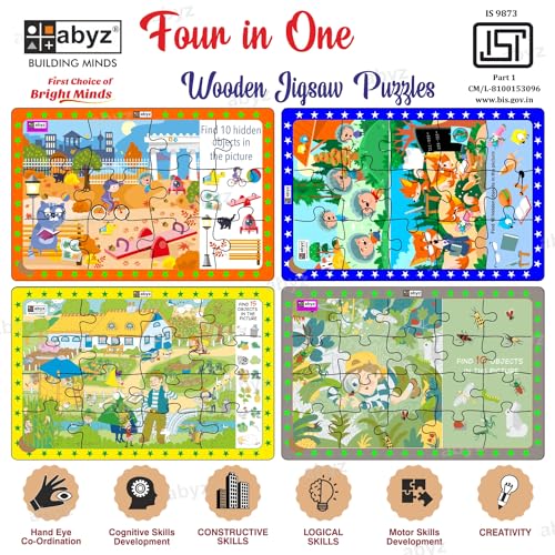 Image of ABYZ Wooden Jigsaw Puzzle - Evening at Park, Lions & Foxes, Farmers Garden, Insects Expedition Playset for Little Explores, 63 Pieces - Pack of 4 | Birthday Gift for (3 Plus Years) Age Kids.