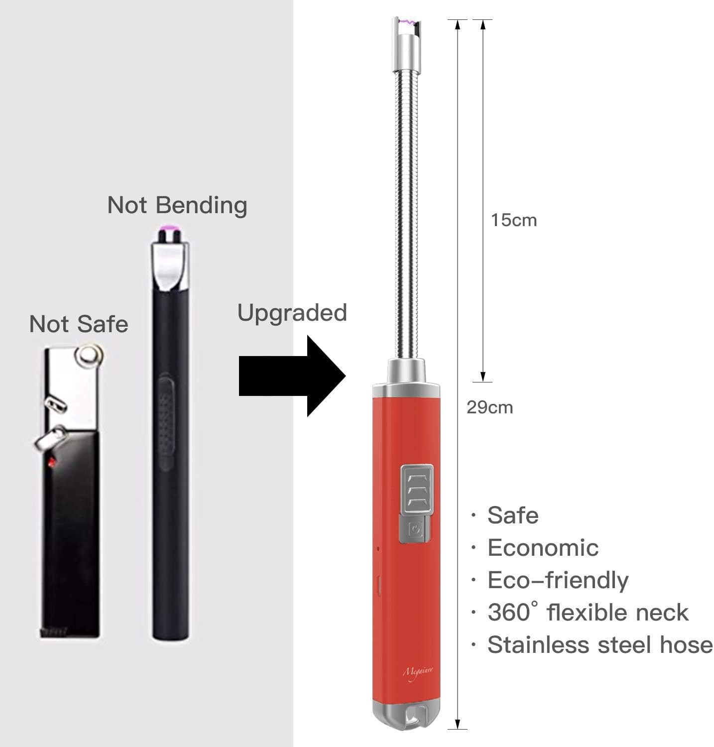 Megainvo Candle Lighter, Long Lighter Plasma USB Rechargeable Arc Lighter Windproof Flameless Zinc Alloy Electronic Lighter (Red)