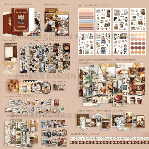 Image of RANDEN Coffee Journaling Kit, 346PCS Vintage Scrapbook & Stationery Set with Aesthetic Stickers, Ephemera Pack and Journal Supplies for Bullet Journals, Planners, Albums & Creative Crafts (Coffee)