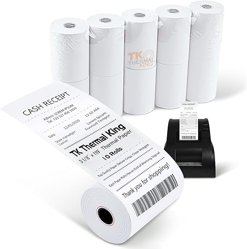 TK Thermal King, (10 rollos) 3 18 pulgadas 119 pies de papel térmico blanco caja registradora POS recibo, se adapta a todos los terminales de TK Thermal King, (10 rollos) 3 18 pulgadas 119 pies de papel térmico blanco caja registradora POS recibo, se adapta a todos los terminales de
