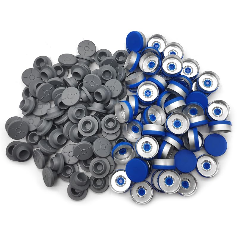 100pcs Butyl Rubber Stopper Plug，Self Healing Injection Ports Solid Seal and 100pcs Aluminum FILP Off Cap for Glass Bottle Vials (20mm)