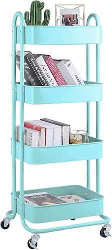 Estante organizador de almacenamiento de 4 niveles de malla metálica con ruedas bloqueables para sala de estar, cocina, oficina, turquesa