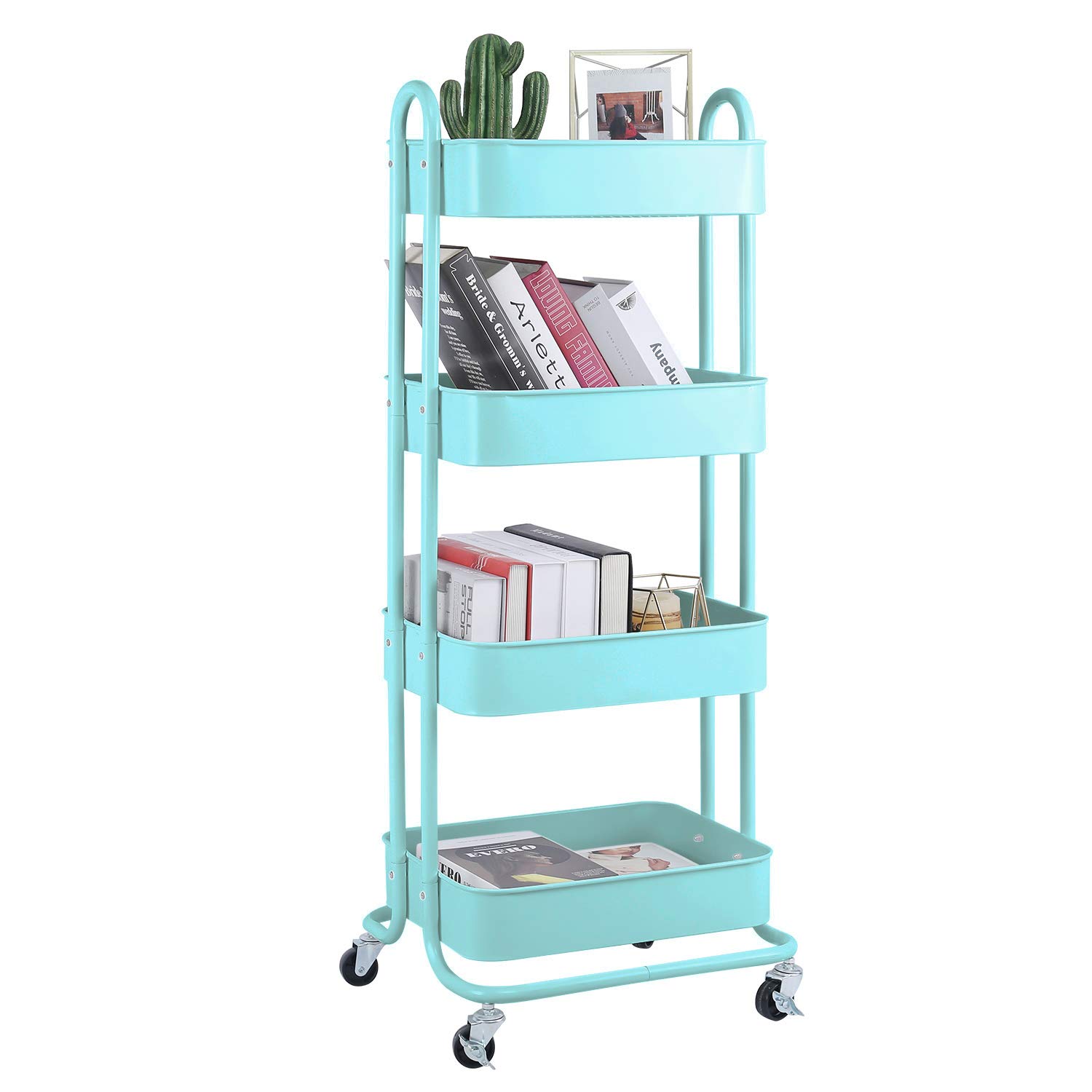 Melody House 4-Tier Metal Mesh Utility Rolling Cart Storage Organizer Shelf Rack with Lockable Wheels for Living Room Kitchen Office, Turquoise