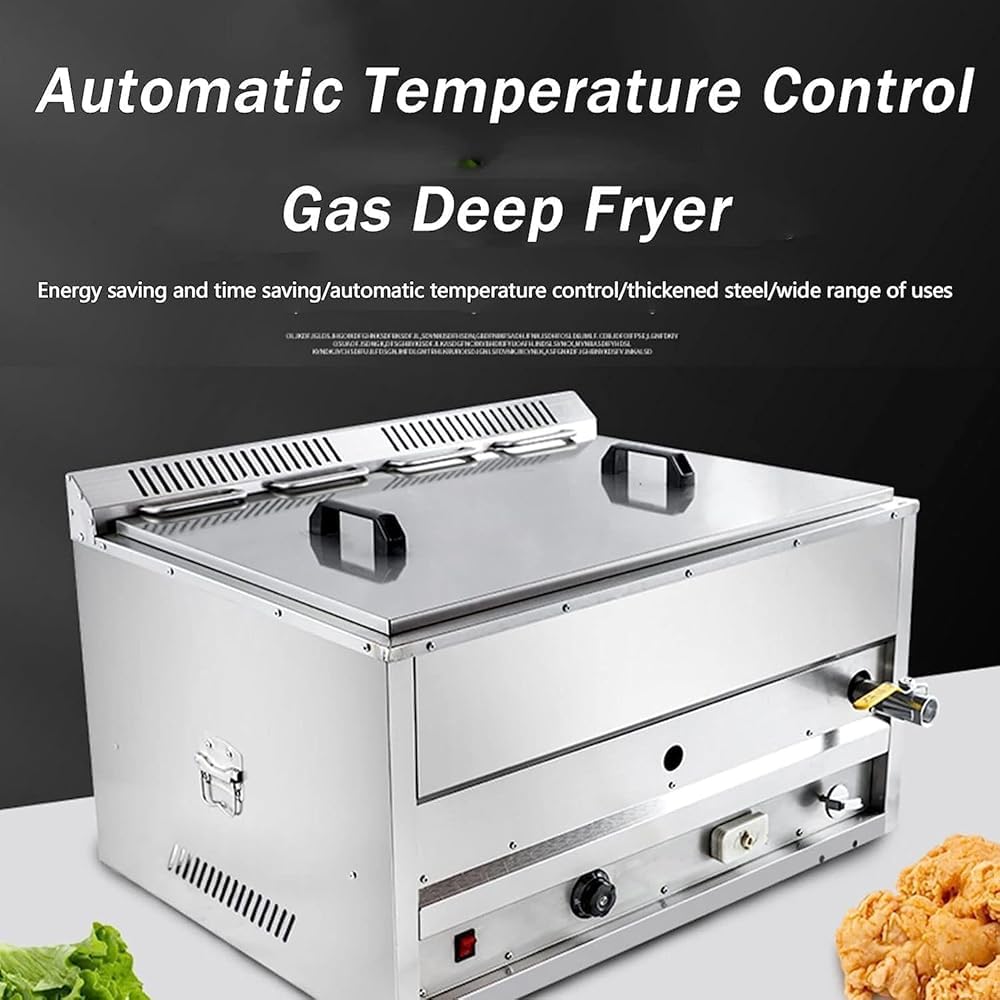 Friggitrice a gas, grande capacità, con serbatoio e cestello in acciaio inox, autoportante con controllo della temperatura