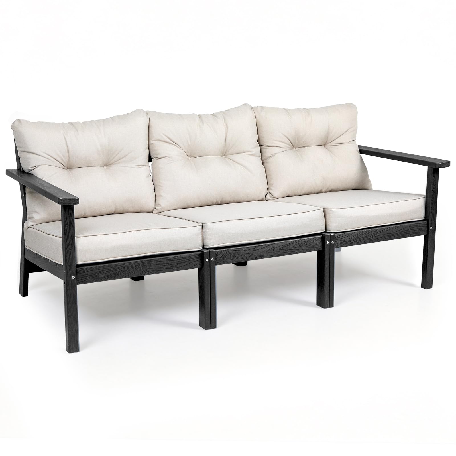 3 Seat HDPE Patio Sofa, Outdoor Couch with Thick Cushions, Patio Furniture