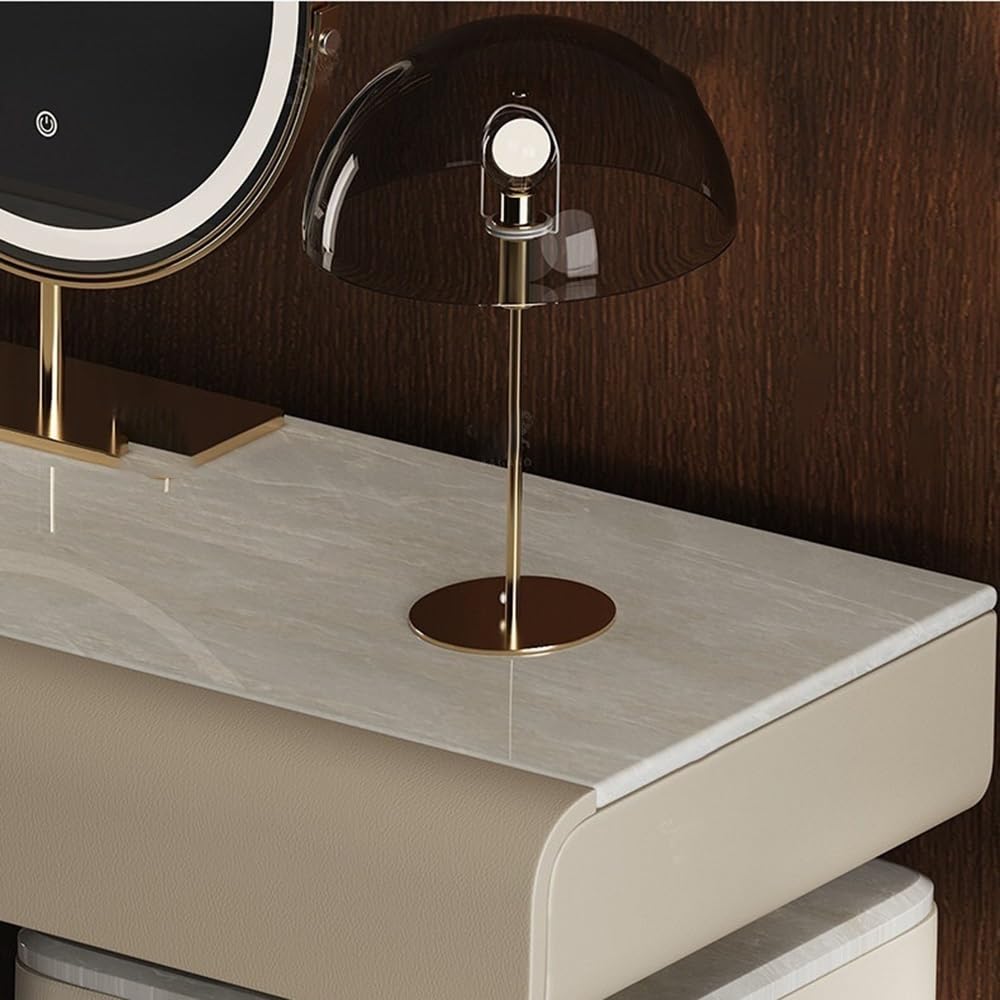 Scrivania da toeletta di lusso minimalista italiana, finitura in pelle personalizzata fascia alta con cassettiera portaoggetti Toeletta con sgabello