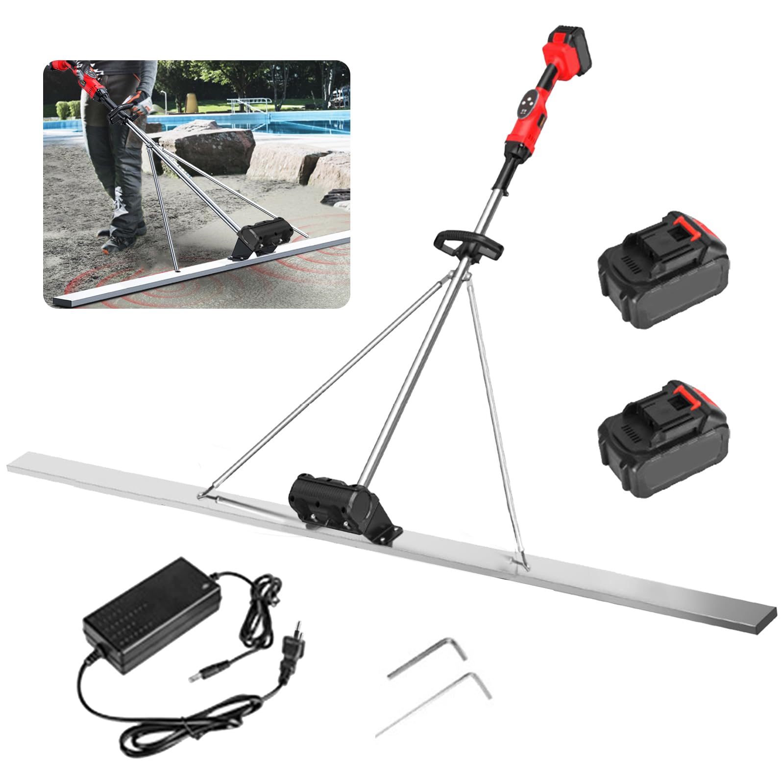 Vibreur Beton, Vibreur pour Béton Électriques 21V avec 2 Batteries 2,000 mAh Surfaceuse Beton 60W 6000 tr/min Machine de Lissage en Acier Inoxydable 1,5m pour Béton et Boue