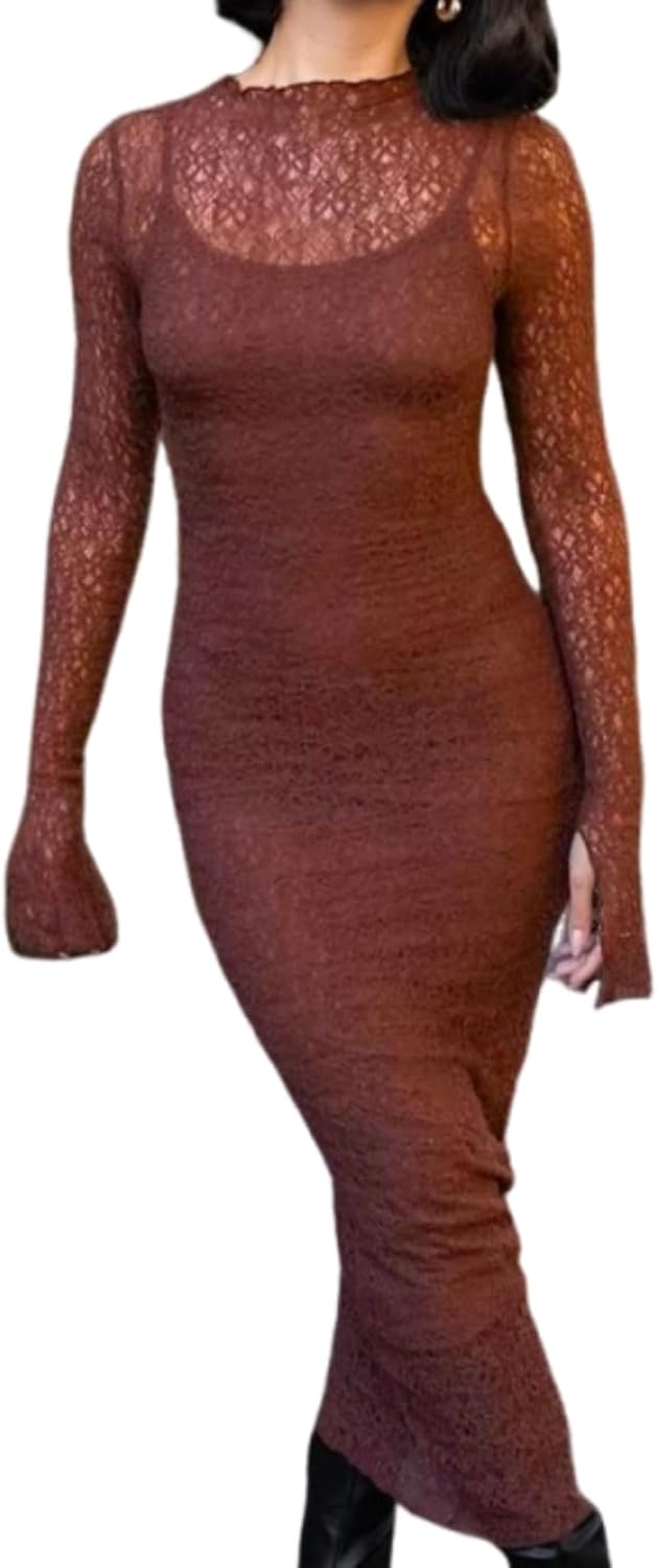 Women Sping Summer Club 2 Piece Long Sleeve Lace Sheer Bodycon Maxi Dress Boho Mesh Long Sundress