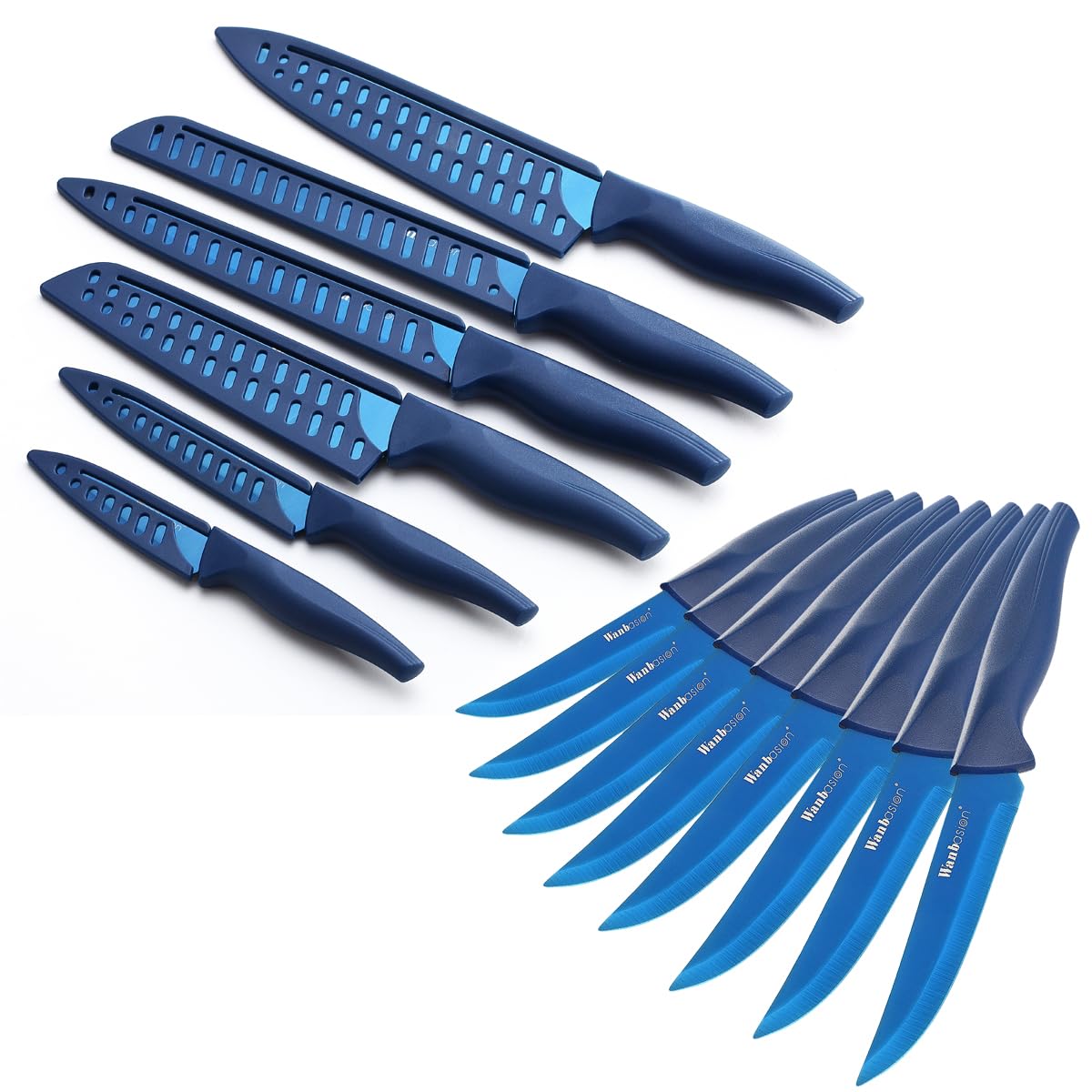 Wanbasion14 Pieces Matte Blue Titanium Plated Knife Set Stainless Steel Forged Kitchen Knife Set Sharp Professional Knife Set with Sheath Non Serrated Steak Knife Set