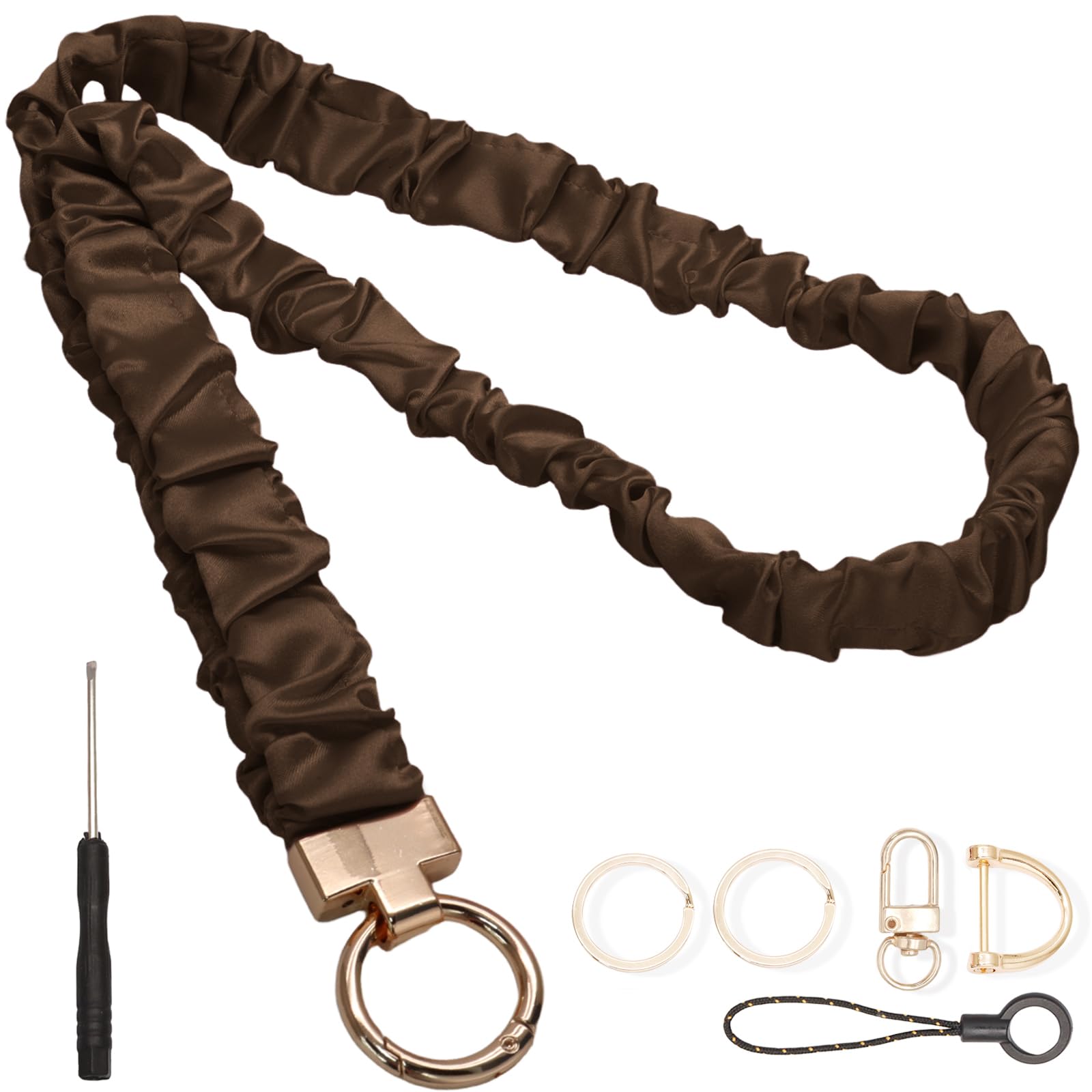 Kyuionty Scrunchie Lanyard for ID Badges, Brown Stretchy Teacher Lanyard Scrunchie with Clear Card Holders & Keychain, Cute Retractable Elastic Lanyards for Women Nurse Office