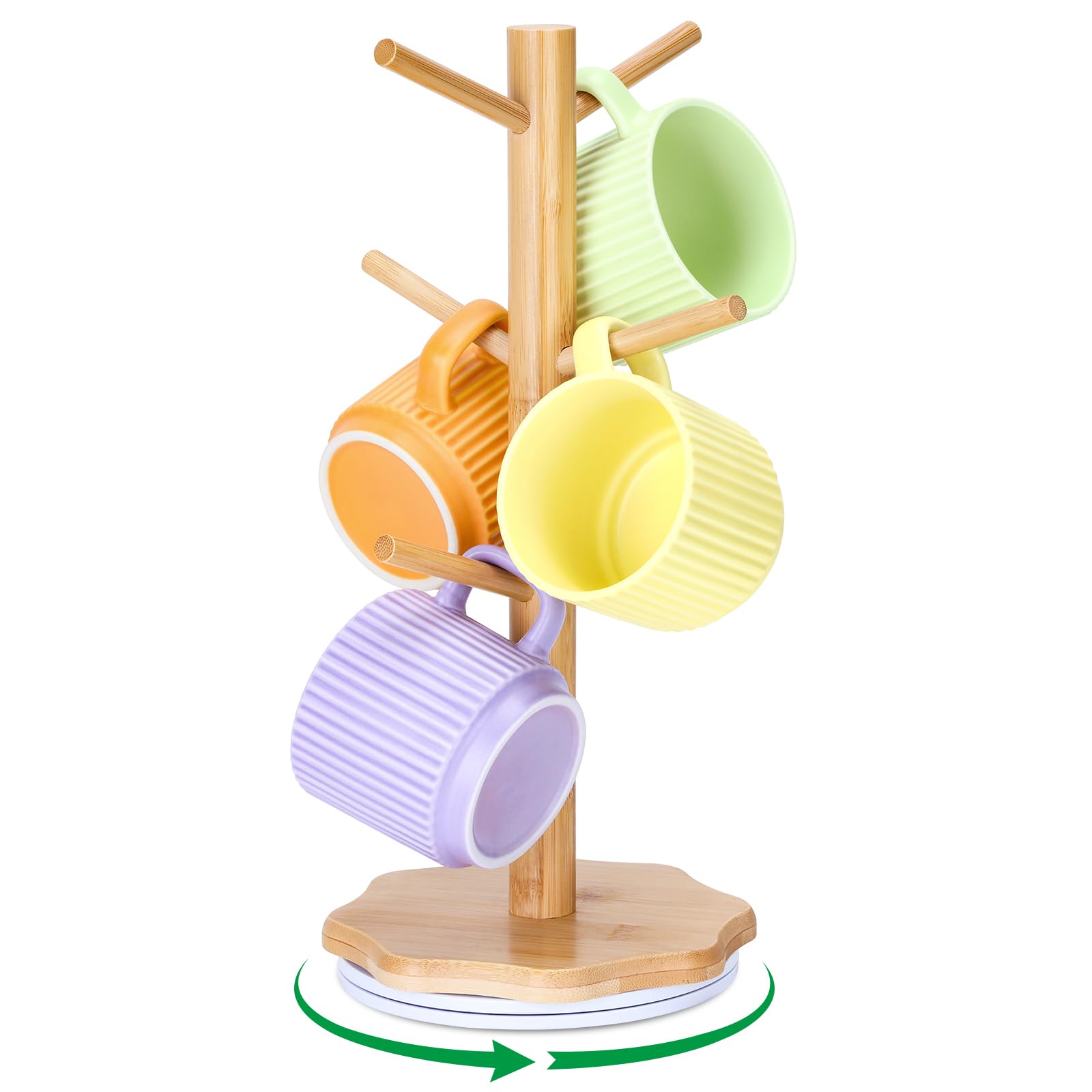 Euqvunn 360° Rotating Mug Tree, Kitchen Countertops Coffee Cup Holder, Sturdy Petal Wooden Base Cup Stand, Mug Stand Holder for Coffee Bar Home Office, Storage Rack with 6 Hooks - Wood