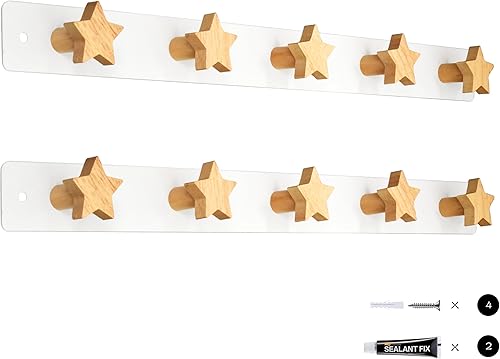 Yisiziyo Perchero para niños montado en la pared con ganchos, colgador de mochila montado en la pared, toallero con 5 bonitos ganchos (estrella-2
