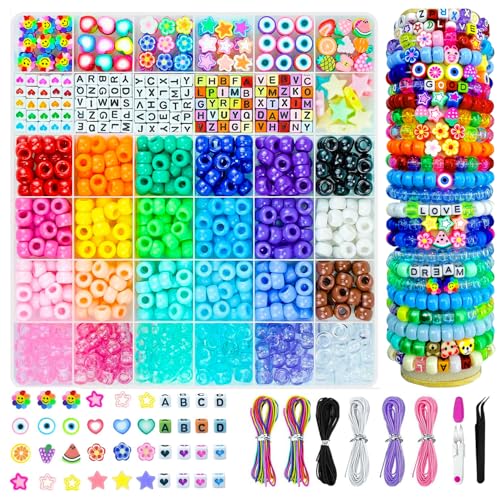 1000 Stück Pony Perlen für Armbänder 24 Farben, 6x9mm Großem Loch Beads, Freundschaftsarmbänder selber machen, mit Bunt Alphabeten Fruchtperlen für Bastelset, Halskette, Schmuck Geschenke