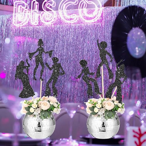 Image of 12Pcs Disco Dancing Party Centerpiece Sticks 70s Disco Party Decorations Black Glitter 80's Disco Dancer Table Toppers for Disco Ball Music Theme Party Birthday Party Supplies