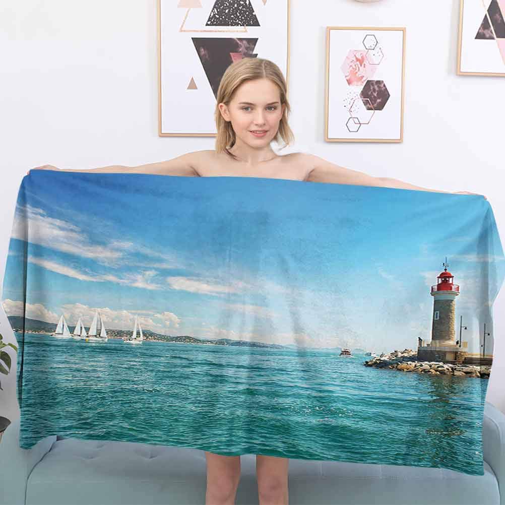 Family Bath Towel - Lighthouse,Day by The Seaside Sailboats Lighthouse Rocks Clear Sea Clouds Island Seascape,Multicolor，Soft and Thick Towel-Machine Washable