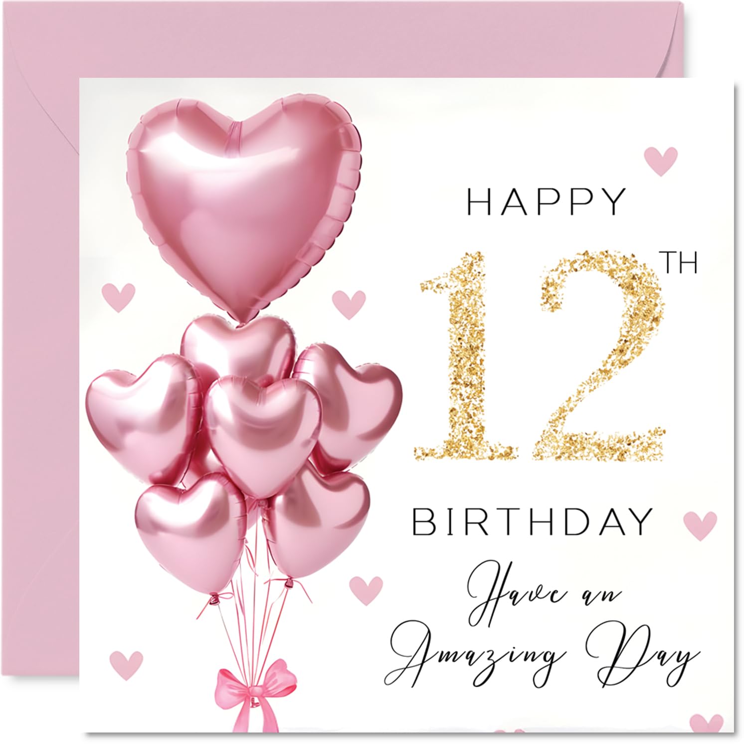 12th Birthday Cards for Girls, Pink Glitter Balloons